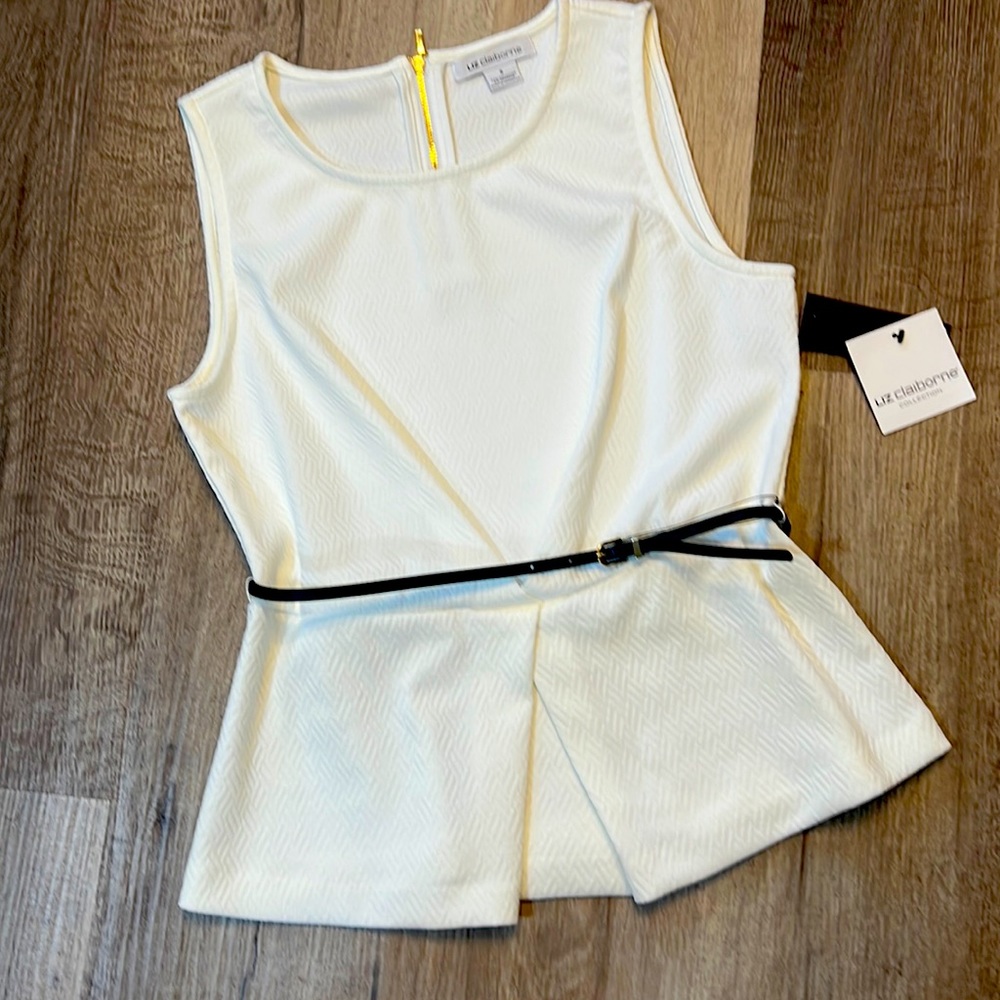 Liz Claiborne white sleeveless top, belted.